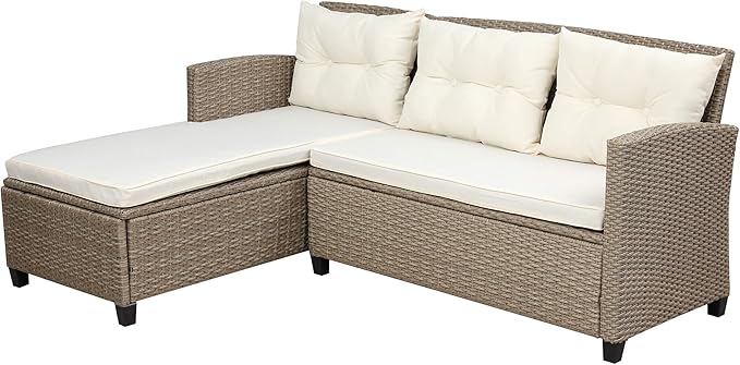 Outdoor Furniture Sets 4 Piece Patio Conversation Sofa with Glass Table, Chaise Lounge and Chair, for Garden Backyard, Onesize, Beige