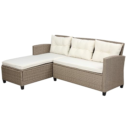 4PCS Patio Furniture Set, Outdoor Wicker Conversation Sectional L-Shaped Sofa with 4 Seater Thickness Coffee Table, for Backyard, Porch, Onesize, E-Beige Cushion+Brown Rattan