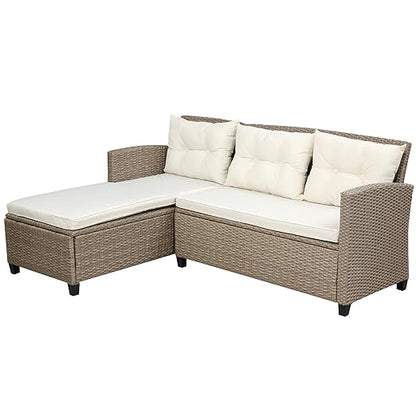 4PCS Patio Furniture Set, Outdoor Wicker Conversation Sectional L-Shaped Sofa with 4 Seater Thickness Coffee Table, for Backyard, Porch, Onesize, E-Beige Cushion+Brown Rattan