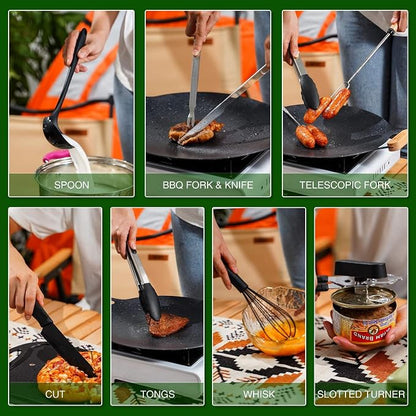 Camping Essentials Cookware Cooking Utensils Set - Portable Camp Kitchen Mess Kit Outdoor Accessories, Stainless Steel & Silicone, Camping Gear Equipment for RV Picnic Grill, Brown | Stainless Steel & Silicone Mess Kit, Durable Outdoor Kitchen Gear for...