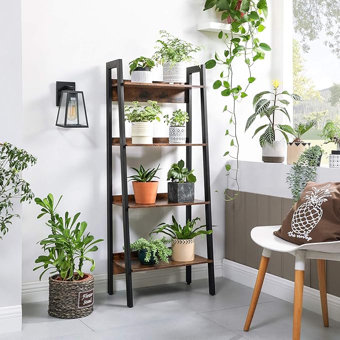 VASAGLE Bookshelf, 4-Tier Bookcase, Ladder Shelf for Home Office, Living Room, Bedroom, Kitchen, Rustic Brown and Ink Black ULLS054X01
