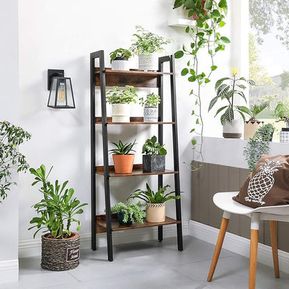 VASAGLE Bookshelf, 4-Tier Bookcase, Ladder Shelf for Home Office, Living Room, Bedroom, Kitchen, Rustic Brown and Ink Black ULLS054X01
