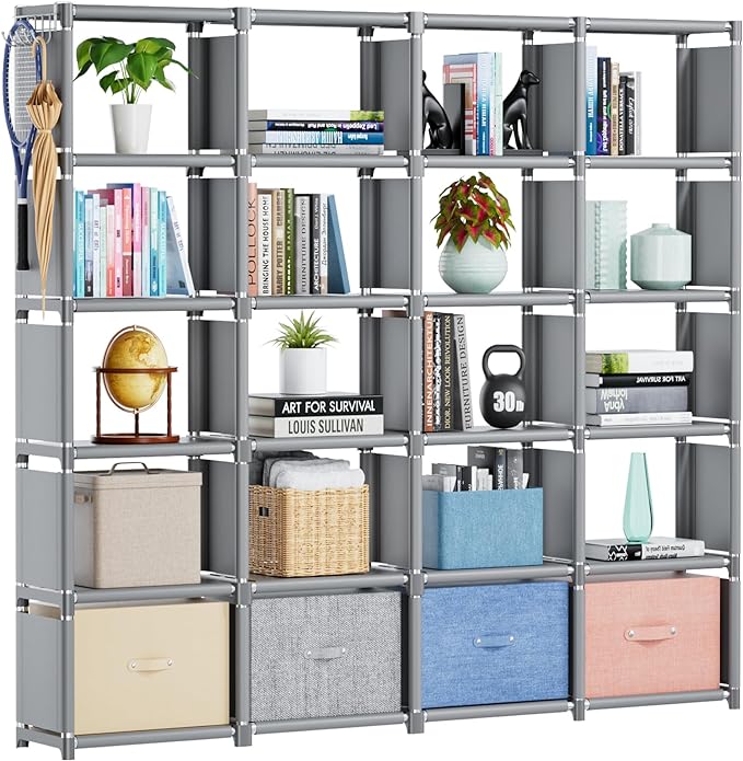 Mavivegue Book Shelf, 20 Cube Storage Organizer, DIY Bookcase, Metal Cube Bookshelf,Tall Book case for Bedroom, Living Room,Office,Closet Storage Organizer, Grey Cubicle Storage Rack