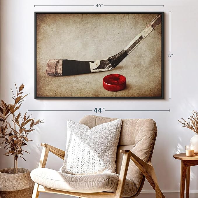 Elephant Stock Vintage Ice Hockey Wall Art - Horizontal Framed Canvas - 1-Piece Hallway Wall Decor - Photography Sports Canvas Print - Brown and Beige Decor for Wall - 40" X 27"