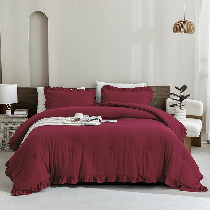 Andency Burgundy Twin Size Comforter Set for Kids Girls, 2 Pieces Solid Shabby Chic Ruffle Bedding Comforters & Sets, Soft Cozy Lightweight Down Alternative Twin Bed Set for All Season