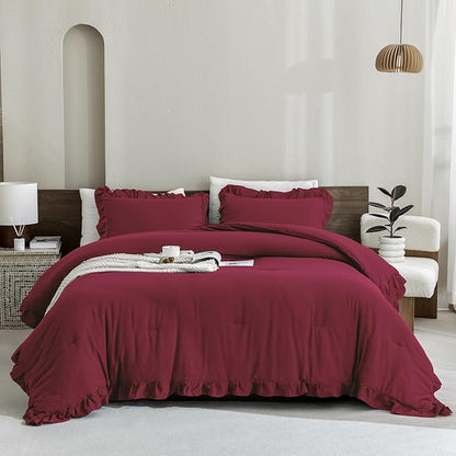 Andency Burgundy California King Comforter Set, 3 Pieces Cal King Ruffle Farmhouse Shabby Chic Comforter, Oversized All Season Lightweight Soft Microfiber Bedding Comforter (104x96Inch)