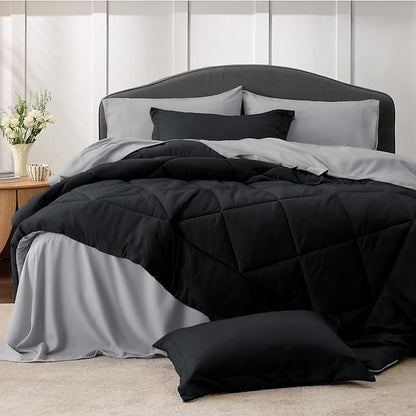 Bedsure Black California King 7 Pieces Reversible Bed Set Bed in a Bag with Comforters, Sheets, Pillowcases & Shams, Bedding Sets