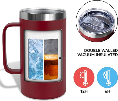 DOMICARE 24oz Mug with Handle and Lid, Stainless Steel Coffee Mug, Travel Mug with Handle, Double Wall Vacuum Coffee Tumbler, Reusable Insulated Cup, Dark Red, Pack 8