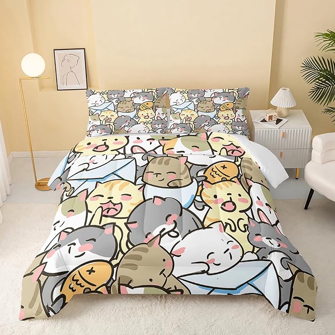 Kawaii Cat Comforter Full Size,Cute Cat Comforter Set for Kids Teens Girls,3Pcs Bedding Set Printed Comforter with 2 Pillowcases,Down Alternative,Soft and Lightweight，Full Size