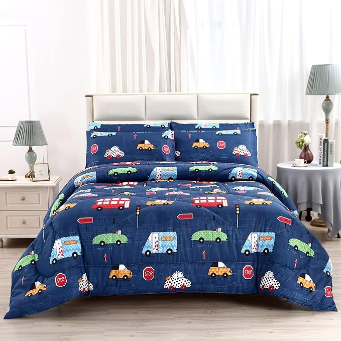 MAG 3Pcs Cartoon Car Comforter Set, Blue Cute Base Full Bedding Comforter Set,for Toddlers Kids,Boys Teens and Girls,Super Soft Microfiber, Full Size