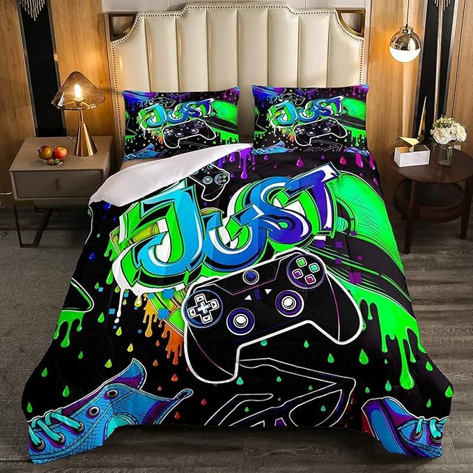 Erosebridal Boy Gaming Comforter Set King Size Gamepad Game Bedding Set Gamers Quilt Tie Dye Duvet Set for Kids Teens Hip Hop Quilt Set Cartoon Design Bedding, Colorful Comforter Set