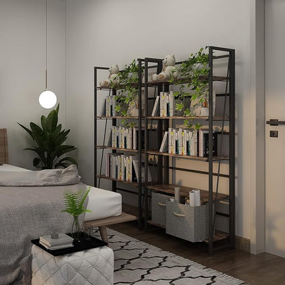 4NM No-Assembly Folding Bookshelf Storage Shelves 5 Tiers Vintage Bookcase Standing Racks Study Organizer Home Office (Rustic Brown and Black)
