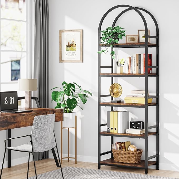 Tribesigns 5-Tier Open Bookshelf, 74.4" Wood Bookcase Storage Shelves with Metal Frame, Freestanding Display Rack Tall Shelving Unit for Office, Bedroom, Living Room, Easy Assembly(Brown, 1PC)