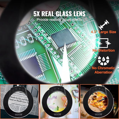 VEVOR 5X Magnifying Glass with Light and Stand, 【Upgraded】 5 Color Modes Stepless Dimmable, 4.3" Glass Lens Magnifier Desk lamp, 2-in-1 Magnifying Light and Stand for Crafts, Reading, Close Work