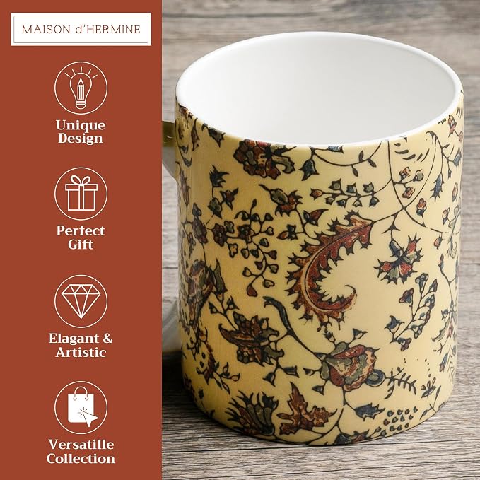 Maison d' Hermine Coffee Mug with Handles Tea Cups (15 Ounce, Pack of 1) | Fine Bone China Coffee Mugs for Hot Beverages Cappuccino Latte Home Restaurant Hotel Spring Summer -Lakshmi - Arum