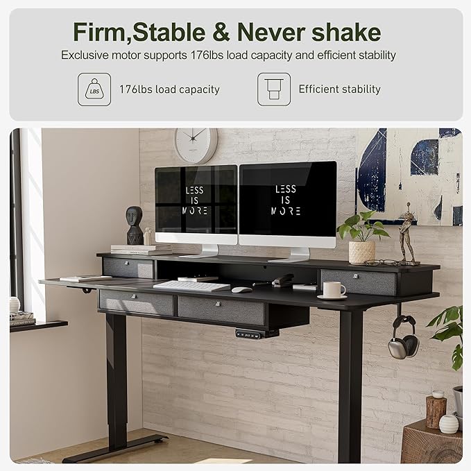 BANTI Height Adjustable Electric Standing Desk with 4 Drawers, 63 x 24 Inch Table with Storage Shelf, Sit Stand Desk, Black Top