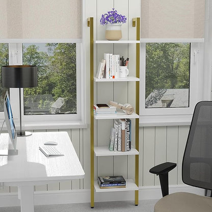 YMYNY 5 Tiers Ladder Bookcase, Industrial Wall Mounted Bookshelf, Open Display Rack with Metal Frame, Wooden Storage Shelves for Bedroom, Home Office, Living Room, White+Gold, 70*17.3*11.8"UHBC015W
