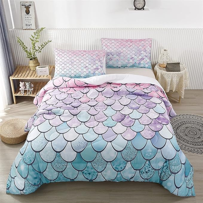 RYNGHIPY 3Pcs Colorful Mermaid Scale Print Comforter Bedding Set Full Size, Soft Microfiber Coverlet Set/Bedspread/Quilt Set with Colorful Scale Design (Mermaid,Full)