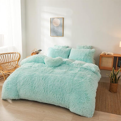 FOPPA Green Comforter Cover Set - Ultra Soft Plush Bedding Sets 3 Pieces (1 Faux Fur Duvet Cover + 2 Faux Fur Pillow case) Green Bed Set(Mint Green, Queen)
