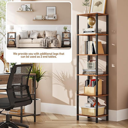 TUTOTAK Bookshelf, 6-Tier Tall Book Shelf, Narrow Bookcase for Small Space, DIY Stackable Bookshelf, for Living Room, Office, Study, Entryway, Industrial, Rustic Brown BS01BB006