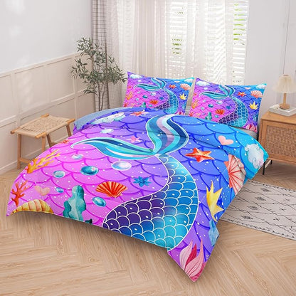 NINENINE Purple Mermaid Tail Comforter Sets for Girls,Twin Princess Bedding Sets for Teens Girls,Blue Glitter Comforter Sets,Sparkly Fish Scales Comforter Sets with 1 Comforter 1Pillowcase