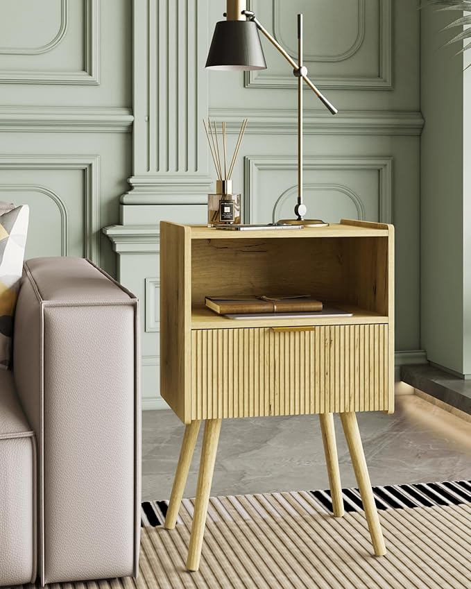 Nightstand,Modern Bedside Table with Storage Drawer and Open Wood Shelf, Accent Night Stand with Solid Wood Legs for Living Room, Bedroom and Small Spaces,Easy Assembly (Yellow Oak)