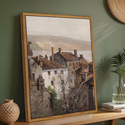 Floating Framed Vintage Canvas Wall Art, European Country Towns Wall Decor Oil Paintings Artwork, Rustic Farmhouse Posters Prints Pictures for Living Room Hallway Bedroom 16x24 inch