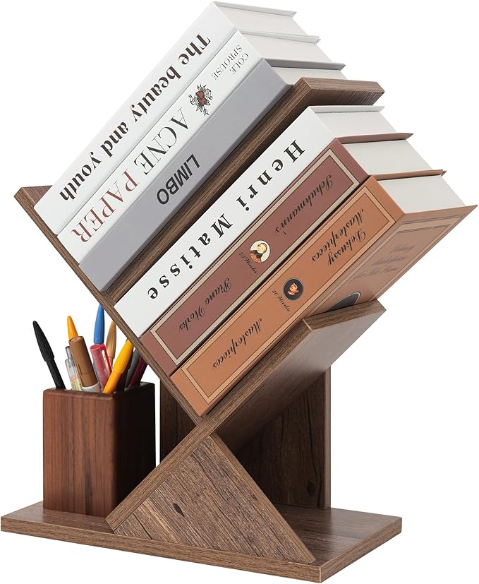 Labcosi 2 Tier Tree Bookshelf, Small Bookshelf for Storing Books/CDs, Wood Book Organizer Shelves for Home Office, Bedroom, Living Room, Rustic Brown
