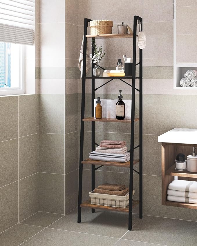 Ladder Shelf, Bookshelf Bookcase, Freestanding Corner Storage Shelve with 2 Hooks for Home Office, Living Room, Kitchen, Bedroom, Industrial, 5-Tier Rustic Brown BC19201B