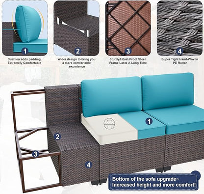 Patio Furniture Set 9-Pieces Outdoor Furniture for Backyard Wicker Sectional Sofa Set, Rattan Patio Conversation Set with Thickened Cushions and Glass Coffee Table, Turquoise