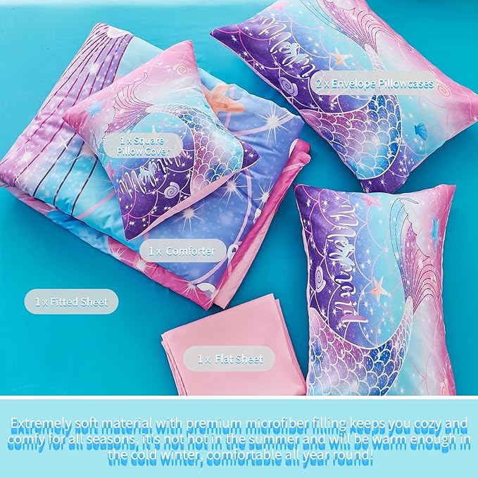 RYNGHIPY Mermaid Comforter Set 6Pcs, Kids Gilrs Bed in a Bag Full Size, Mermaid Tail Print Teens Girls Bedding Set, Rainbow Bedding Collections