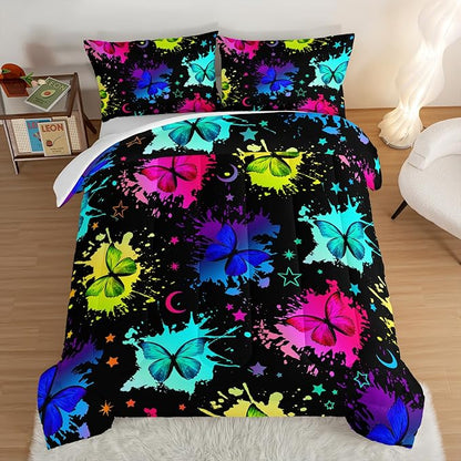 HOSIMA Colorful Butterfly Comforter Set for College Girls and Boys Twin Bed in a Bag,3Pcs Bedding Set Colorful Ink Print Comforter with 2 Pillowcases,Star Moon Black Twin Comforter for All Seasons.