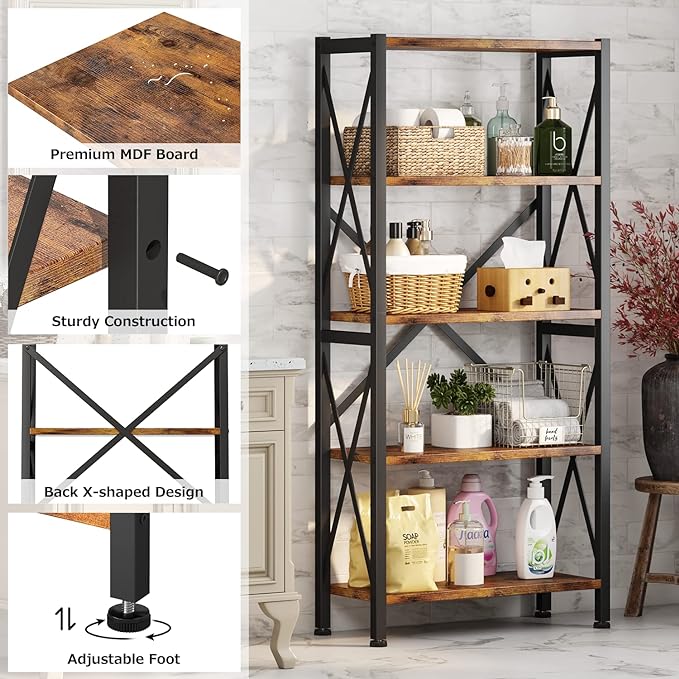 5-Tier Bookshelf,Wood Bookcase,Book Shelf with Steel Frame, Storage Rack with Open Shelves, Rustic Standing Bookshelves Ladder Shelf 110lbs/shelf for Bedroom,Living Room and Home Office