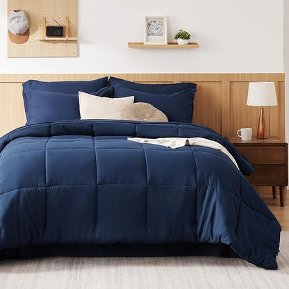 Bedsure Navy Bedding Sets Queen - 7 Pieces Solid Queen Bed in a Bag, Queen Bed Set Navy with Quilted Warm Fluffy Comforters, Sheets, Pillowcases & Shams