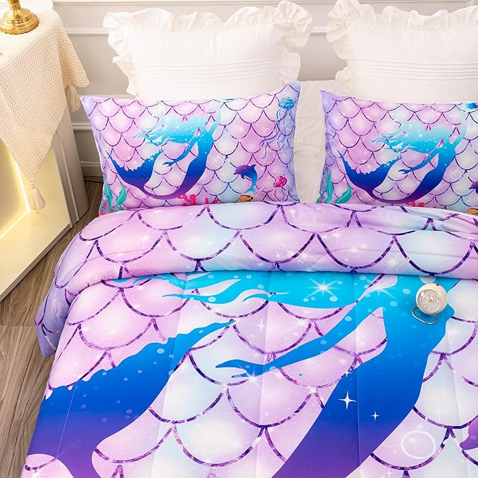 CVHOUSE Mermaid Comforter Set,Rainbow Mermaid Bedding Set for Girls Kids Teens,Rainbow Mermaid Comforter Mermaid Duvet Set Room Decor Quilt Set Queen Size