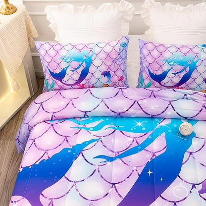 CVHOUSE Mermaid Comforter Set,Rainbow Mermaid Bedding Set for Girls Kids Teens,Rainbow Mermaid Comforter Mermaid Duvet Set Room Decor Quilt Set Queen Size