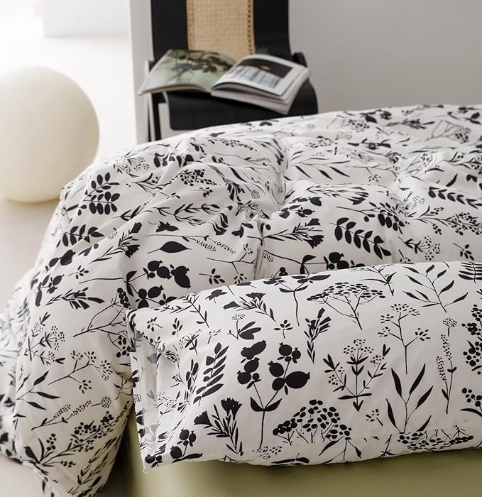 Black Botanical Comforter Set Full White Black Floral Plant Bedding Comforter Set Girls Garden Pattern Printed on White Blanket Rustic Leaf Blossom Women White Farmhouse Comforter Full