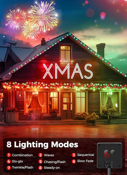 Minetom Solar Christmas Lights Outdoor Waterproof, 2 Pack Total 80FT 200 LED Solar Lights with 8 Modes, Solar Christmas Outdoor Decoration, Solar String Lights for Outside House Tree,Red Green & White