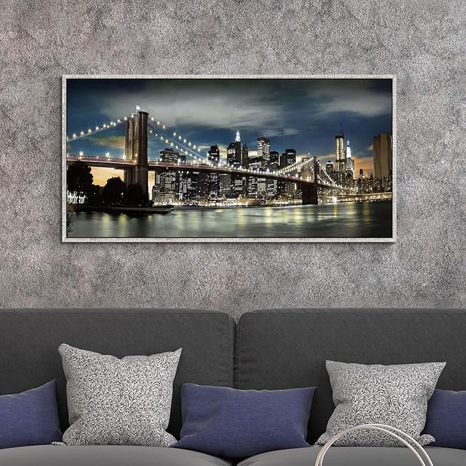 Framed Brooklyn Bridge Wall Art: Large Size New York Cityscape Skylines Night Scene Modern Picture Artwork for Home Office Decoration (48” X 24”)