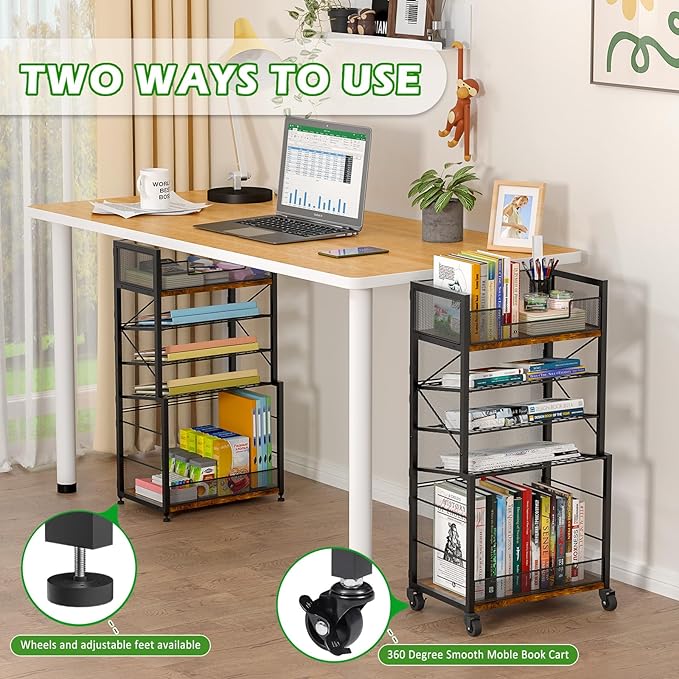 Heyexiha 5 Tier Book Shelf with Sliding Trays, Metal & Wooden Bookcase, Durable Rolling Book Cart, Book Shelf with Wheels, Small Book Shelf Storage Bookcase for Living Room, Bedroom, and Home Office
