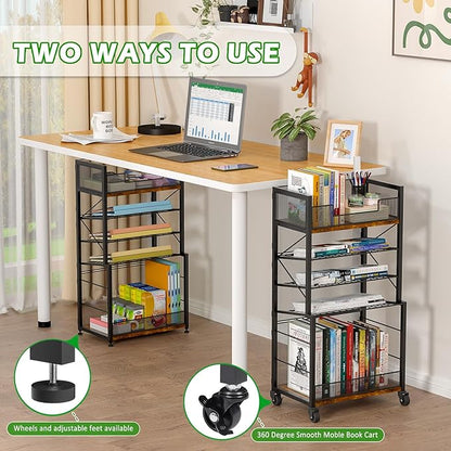 Heyexiha 5 Tier Book Shelf with Sliding Trays, Metal & Wooden Bookcase, Durable Rolling Book Cart, Book Shelf with Wheels, Small Book Shelf Storage Bookcase for Living Room, Bedroom, and Home Office