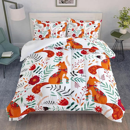 Cartoon Fox Comforter Set 3-Pieces Cute Fox Bedding Set Plants Leaves Printed Quilt Set for Kids Boys Girls with 2 Pillowcases Full