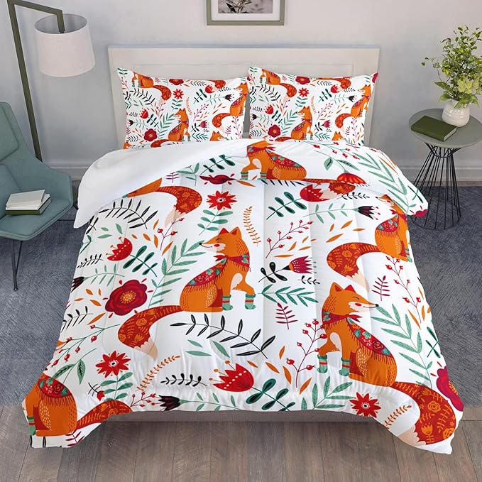 Cartoon Fox Comforter Set 3-Pieces Cute Fox Bedding Set Plants Leaves Printed Quilt Set for Kids Boys Girls with 2 Pillowcases Queen