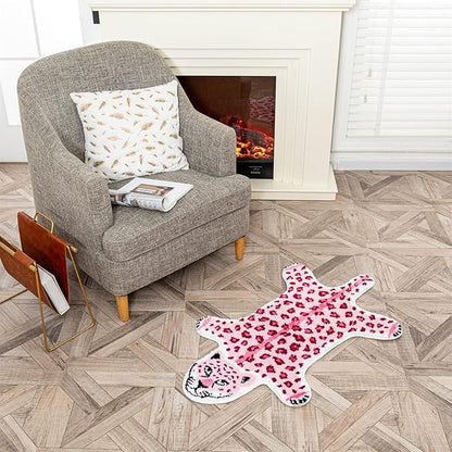Leopard Shaped Rug Animals Bath Mat Rug Non-Slip Bathroom Door Mat for Bedroom Bathroom Kitchen Cartoon Area Rug for Bathroom Tub Soft Bathtub Mat Home Decor Pink