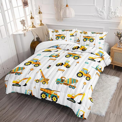 Axolotl Yellow Excavator Comforter Set Twin Size,Cartoon Excavator Bedding Set,Kids Machinery Truck Comforte Set,White Stripe Bedding Vehicle Car Decor for Kids Boys Teens,1 Quilt 2 Pillowcases