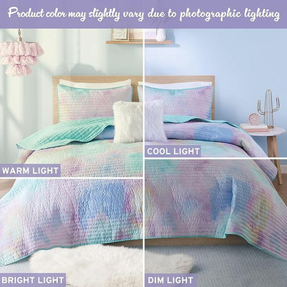 Intelligent Design Queen Quilt Set Boho Quilt Set, Watercolor Tie-Dye Coverlet Set, Casual & Trendy Quilted Lightweight Bedspread, All Season Bed Set, Shams, Cassiopeia, Full/Queen, Pink/Blue 4 Piece