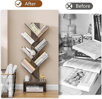 Hoctieon 6 Tier Tree Bookshelf, Tall Bookcase with Drawer, Freestanding Book shelf, Display Floor Standing Storage Shelf, Book Organizer Shelves for Home Office, Living Room, Bedroom, Grey