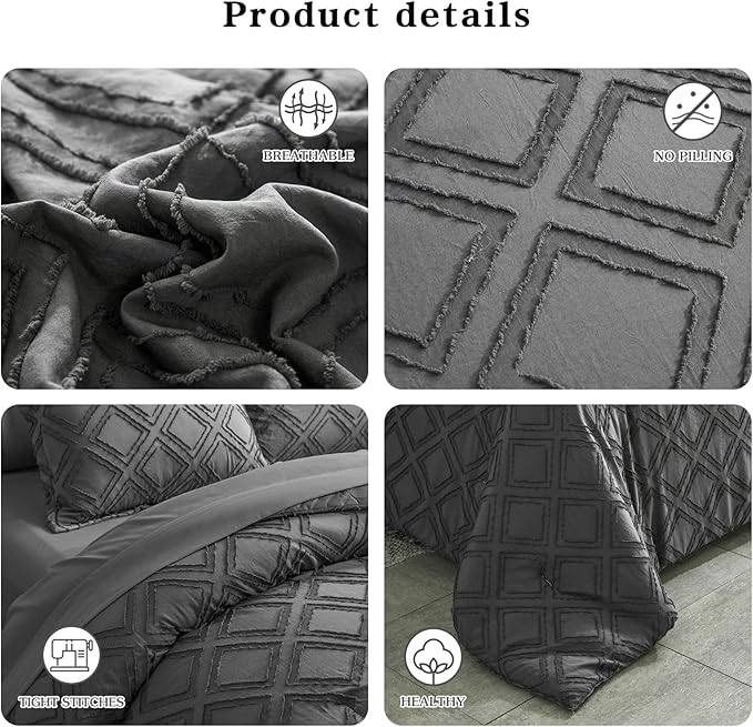 7 Pieces Tufted Bed in a Bag King Comforter Set with Sheets Dark Grey, Soft and Embroidery Shabby Chic Boho Bohemian, Luxury Solid Color with Diamond Pattern, Jacquard Tufts Bedding Set for All Season