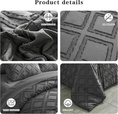 7 Pieces Tufted Bed in a Bag Queen Comforter Set with Sheets Dark Grey, Soft and Embroidery Shabby Chic Boho Bohemian, Solid Color with Diamond Pattern, Jacquard Tufts Bedding Set for All Season