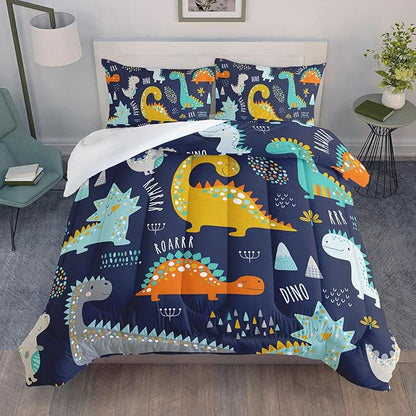 Datura home Bedding Comforter Set Kawaii Cartoon Dinosaur Printed Pattern Bedding Set with 1 Comforter and 2 Pillowcases for Boys Bedroom All Season(Cute Dinosaur Queen)